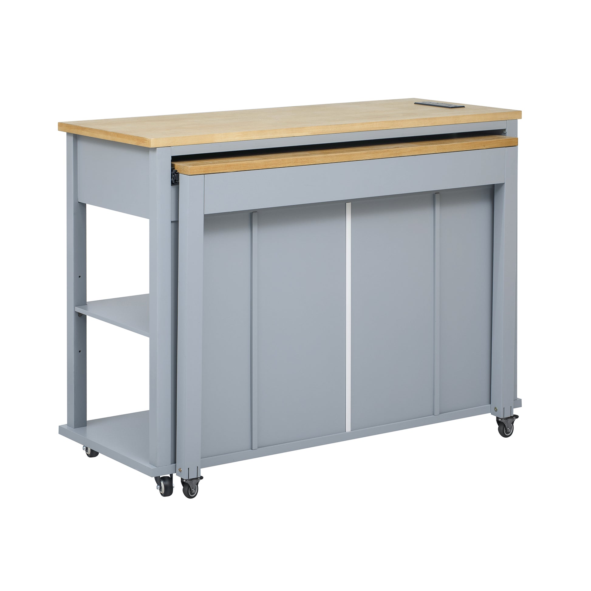 Compact gray kitchen island with sliding wood top and integrated drawers for easy storage