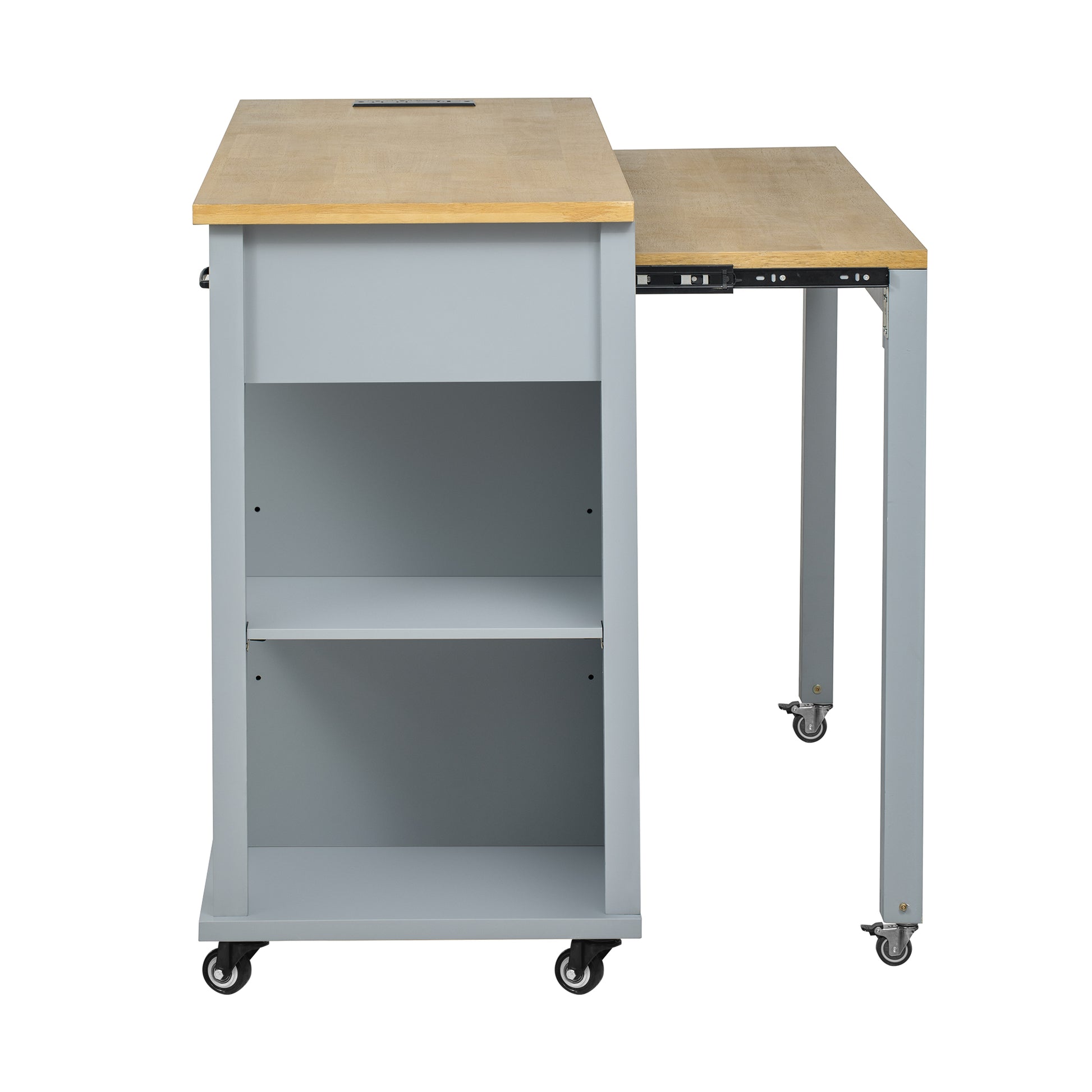 Gray mobile workstation with light wood top and pullout extension