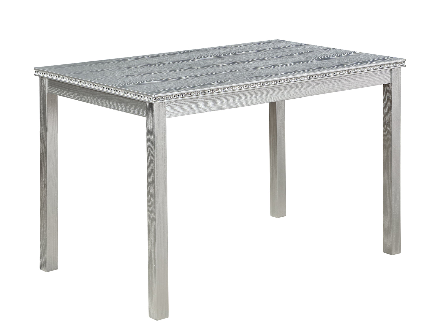 Silver wood grain dining table with decorative trim
