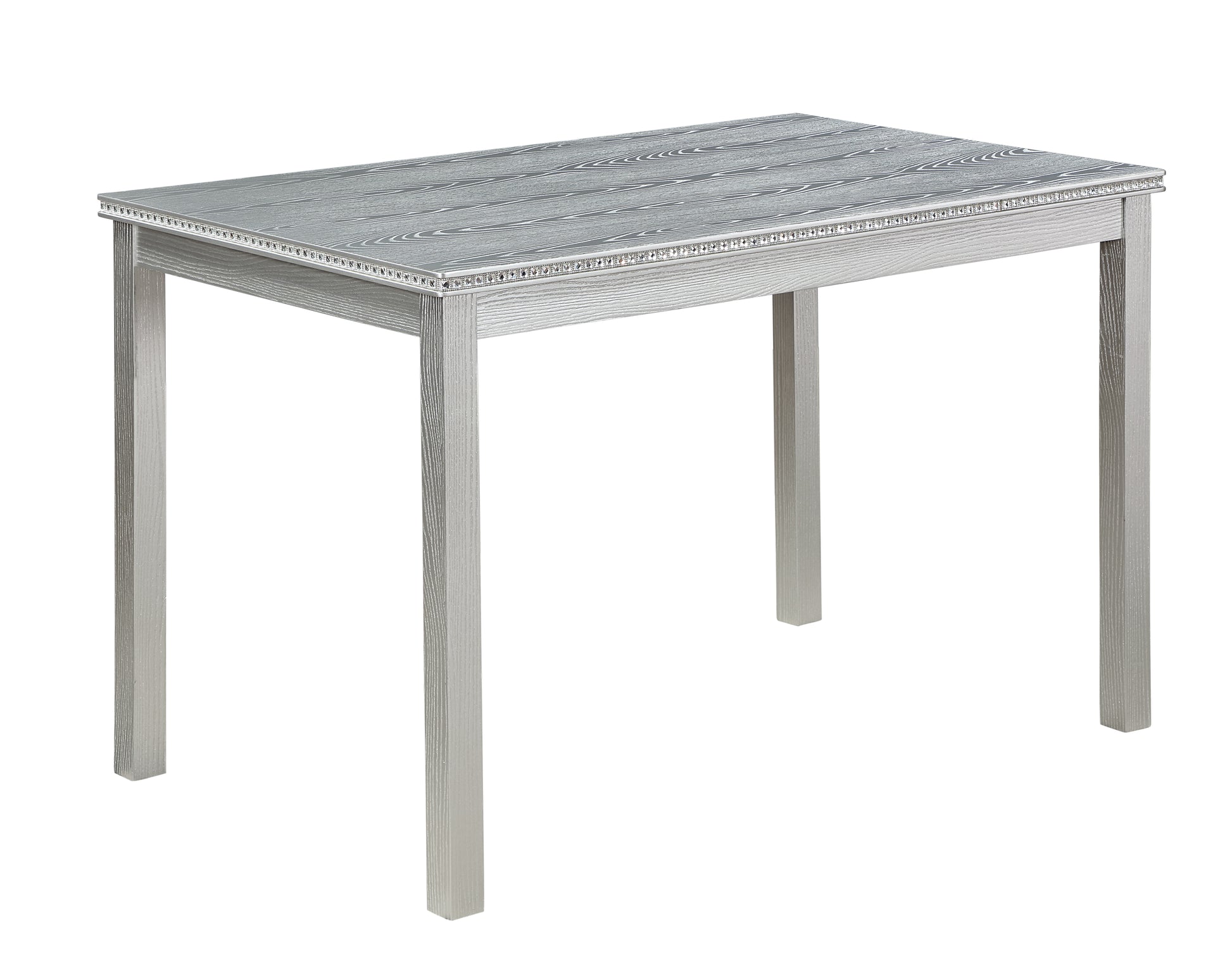 Silver wood grain dining table with decorative trim
