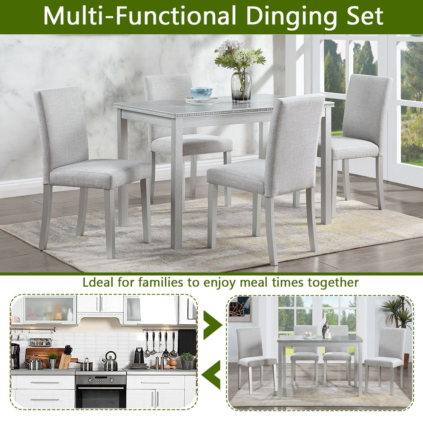 Grey linen dining chairs with silver legs surrounding a grey rectangular dining table