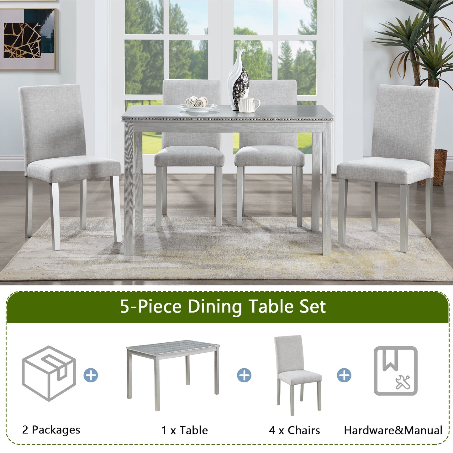 Light gray upholstered chairs and dining table set for modern homes