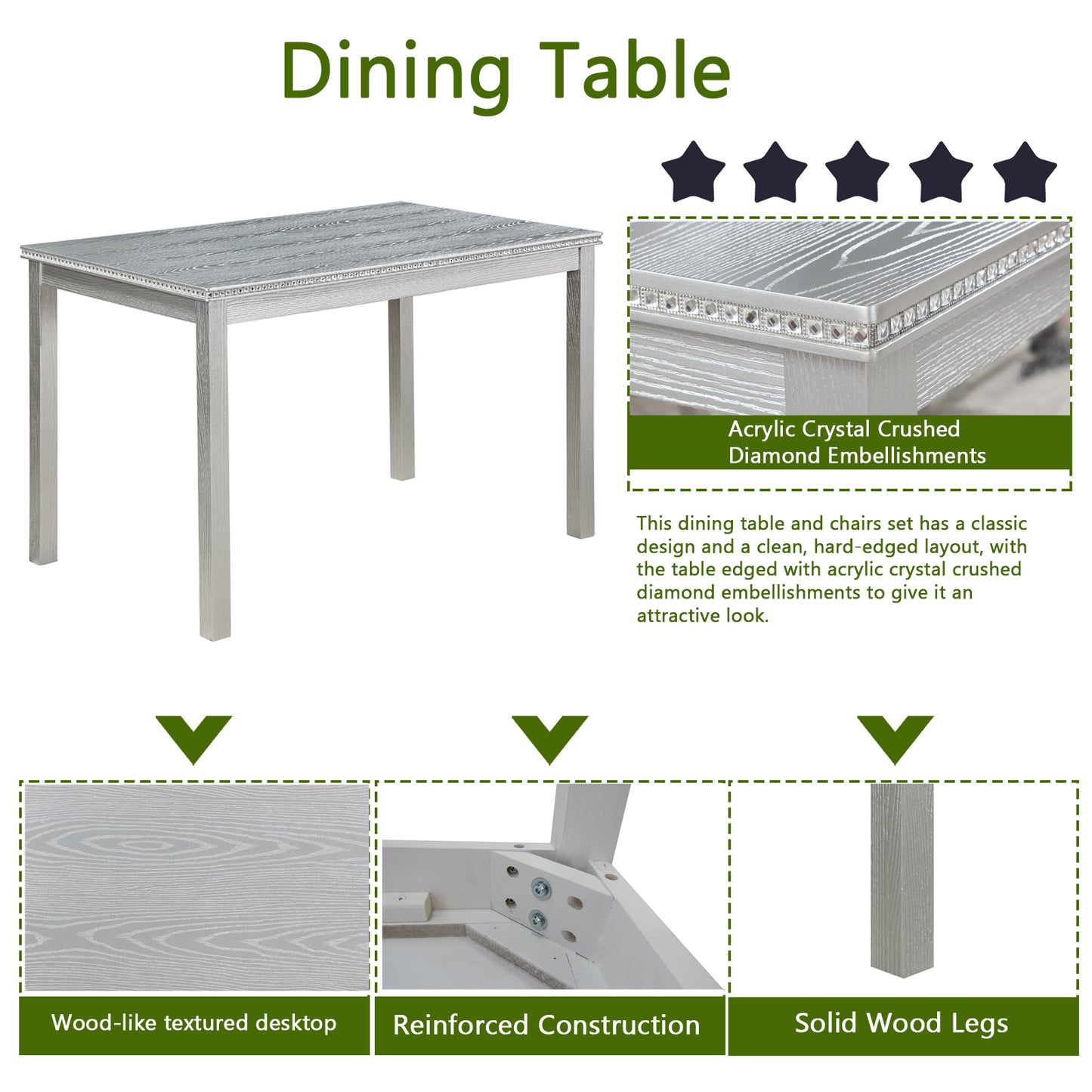 Gray woodlook dining table with acrylic crystal diamond trim
