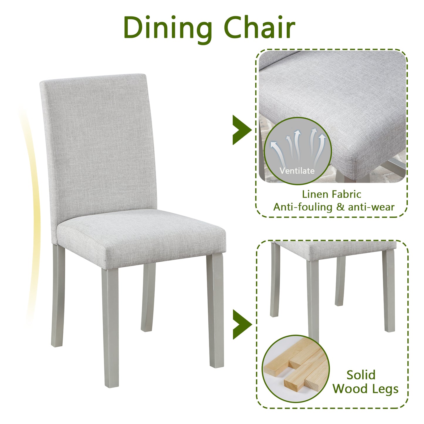 Light grey upholstered dining chair with solid wood legs