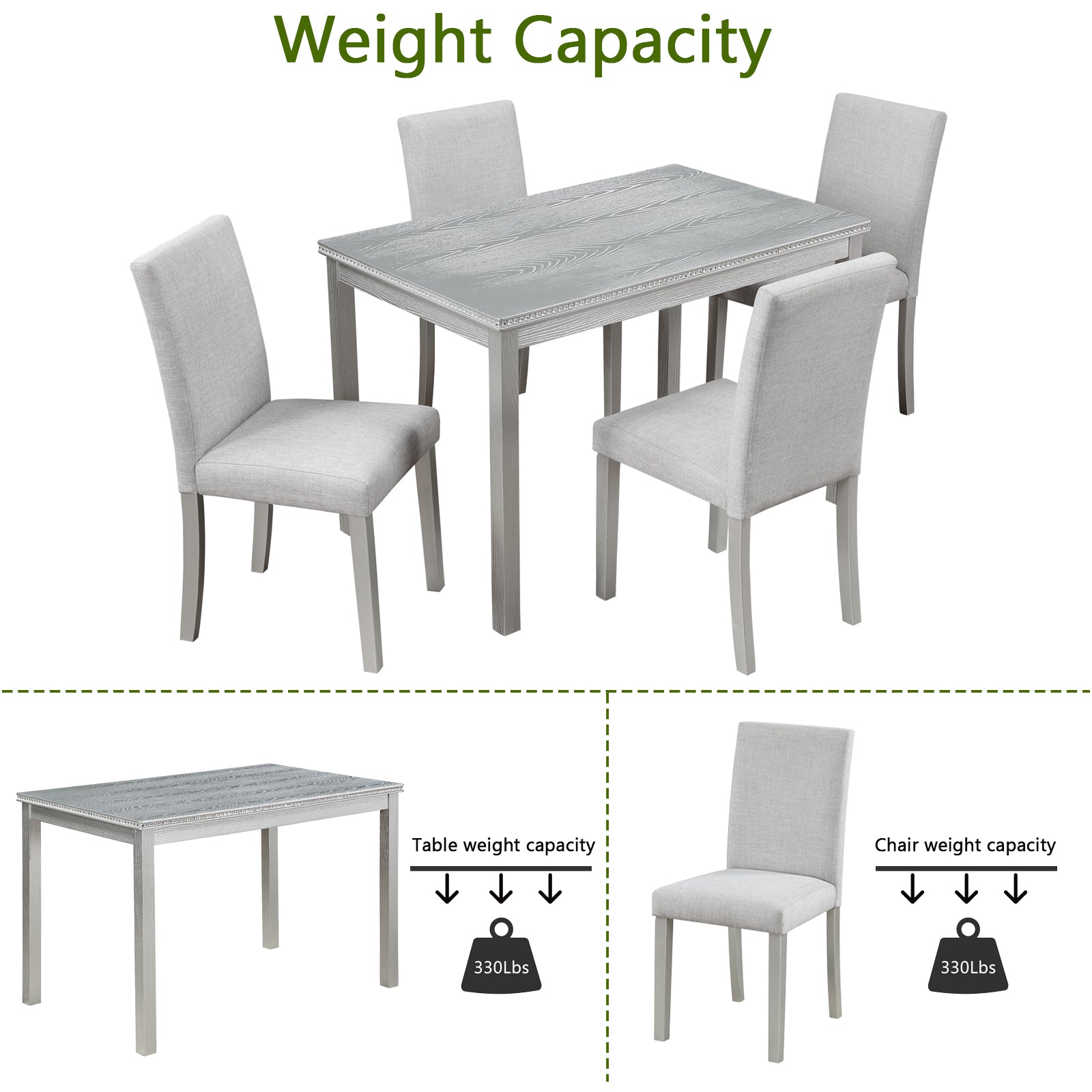 Light gray dining table and four upholstered chairs