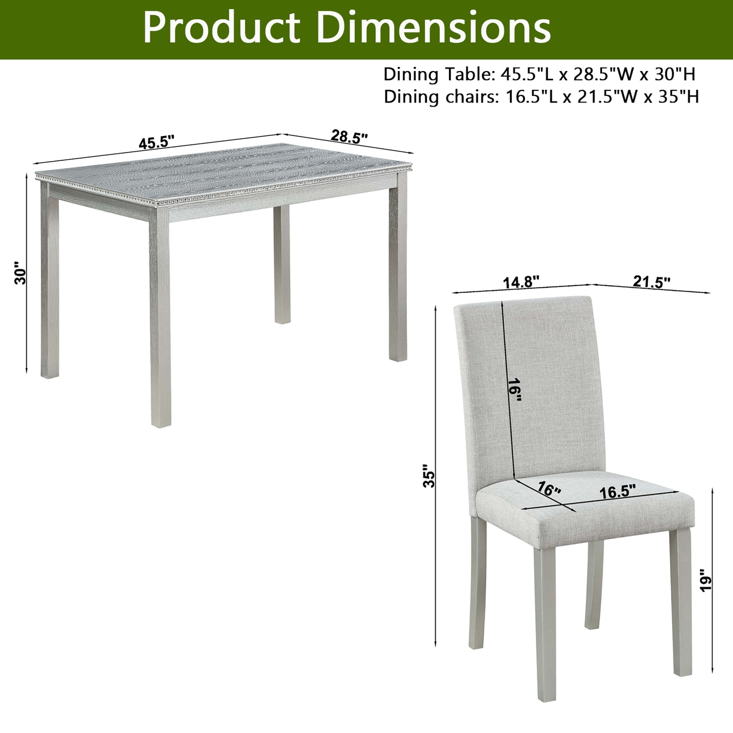 White wood dining table with grey patterned top and dimensions