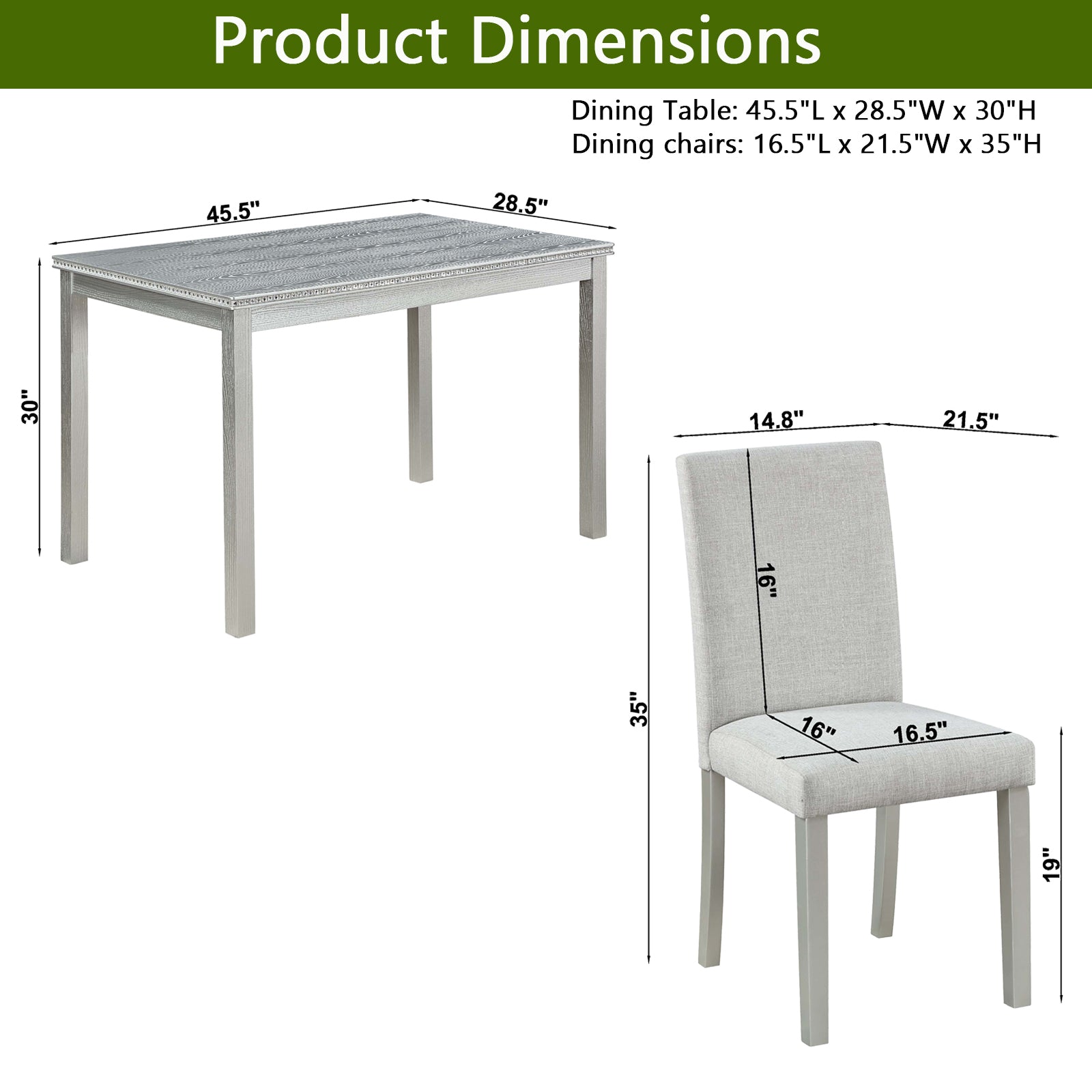 White wood dining table with grey patterned top and dimensions
