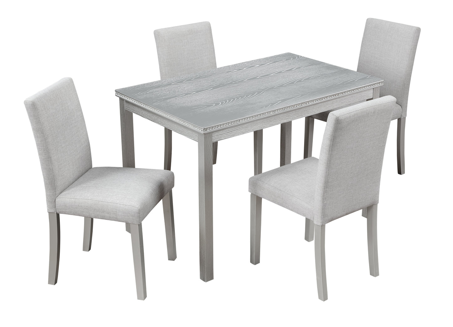 Light gray dining table with textured wood grain top and four upholstered chairs