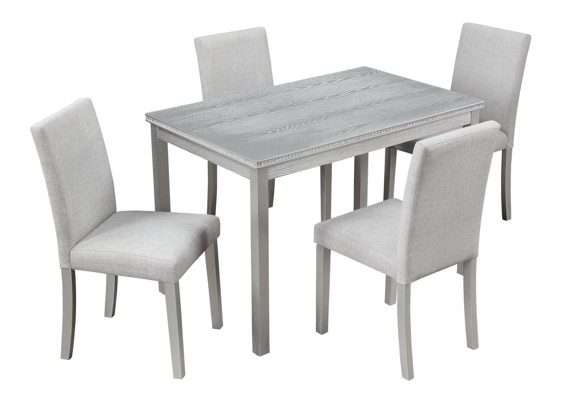 Light gray dining table with textured wood grain top and four upholstered chairs