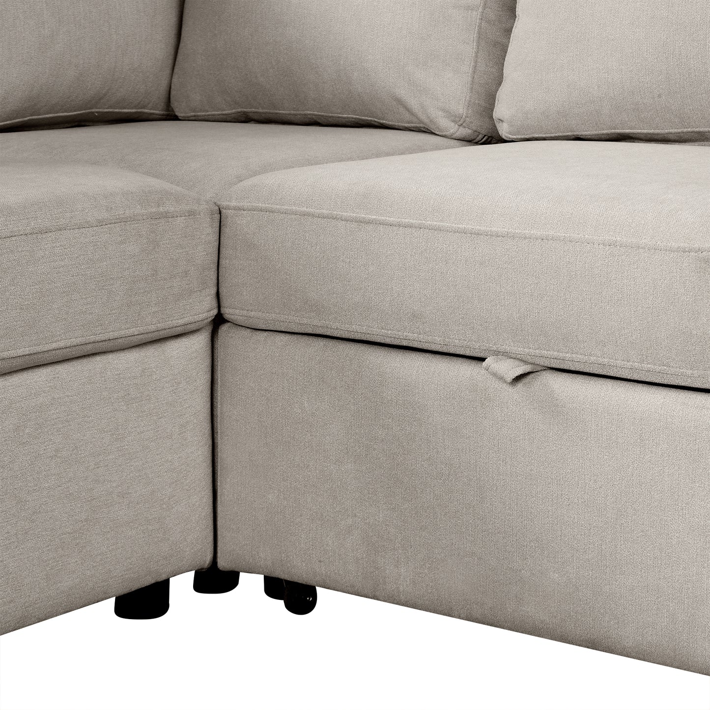 Light gray fabric sectional sofa with plush cushions and hidden storage compartment