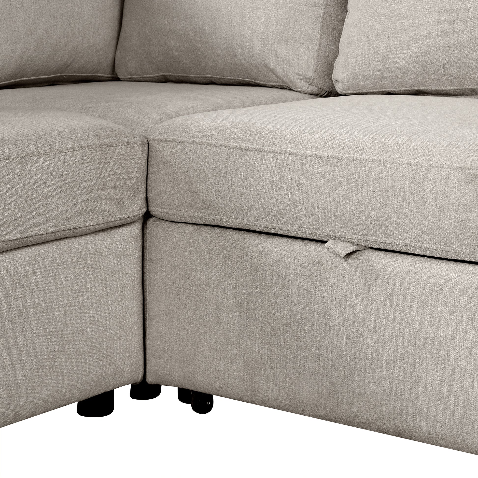 Light gray fabric sectional sofa with plush cushions and hidden storage compartment