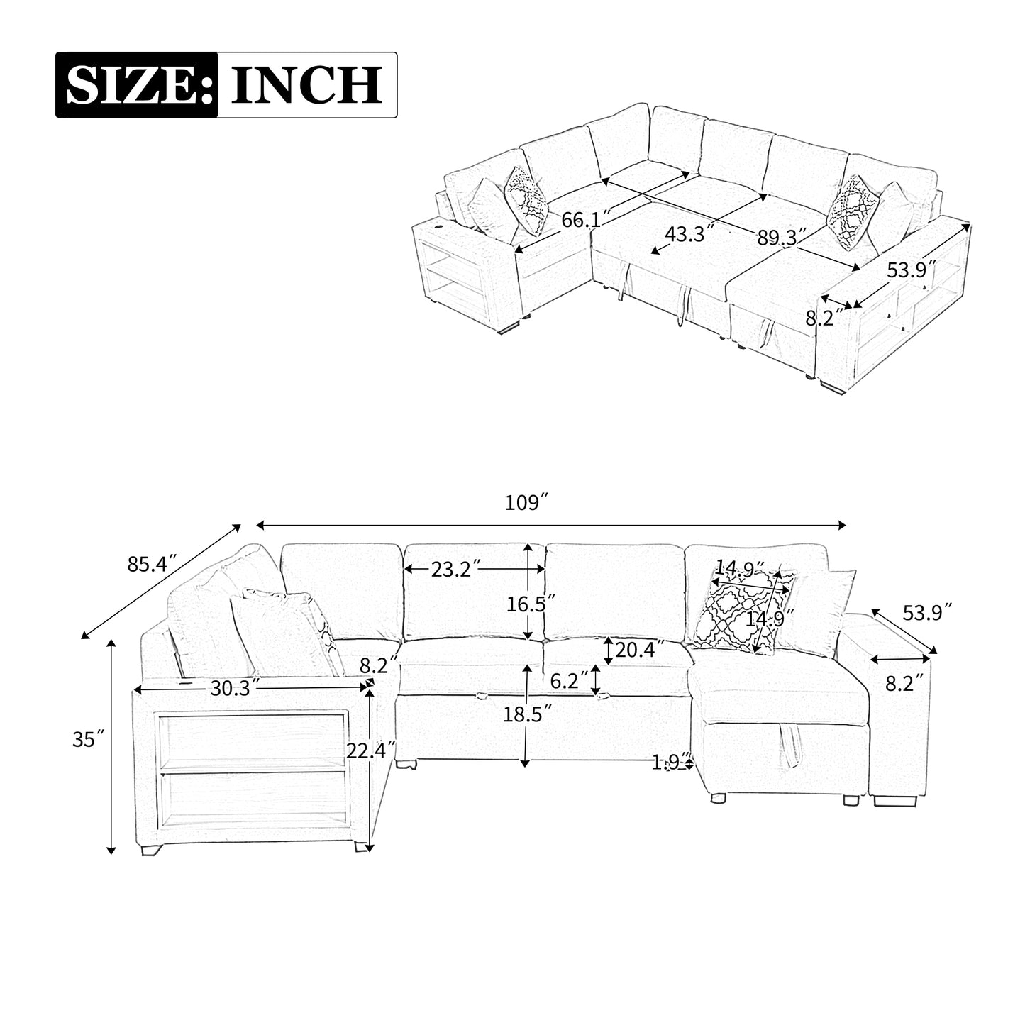 Sectional sofa with pullout bed and integrated storage shelving Dimensions shown in inches