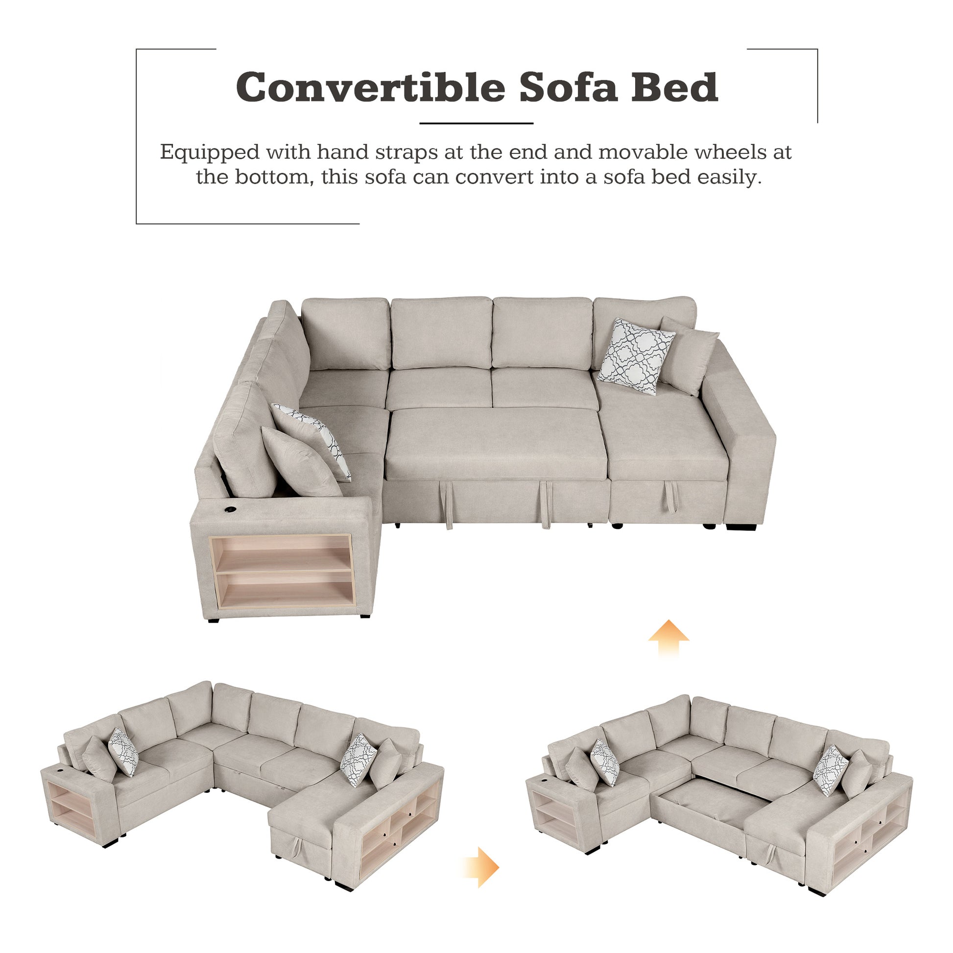 Beige fabric sectional sofa bed with builtin storage and cup holder perfect for small spaces