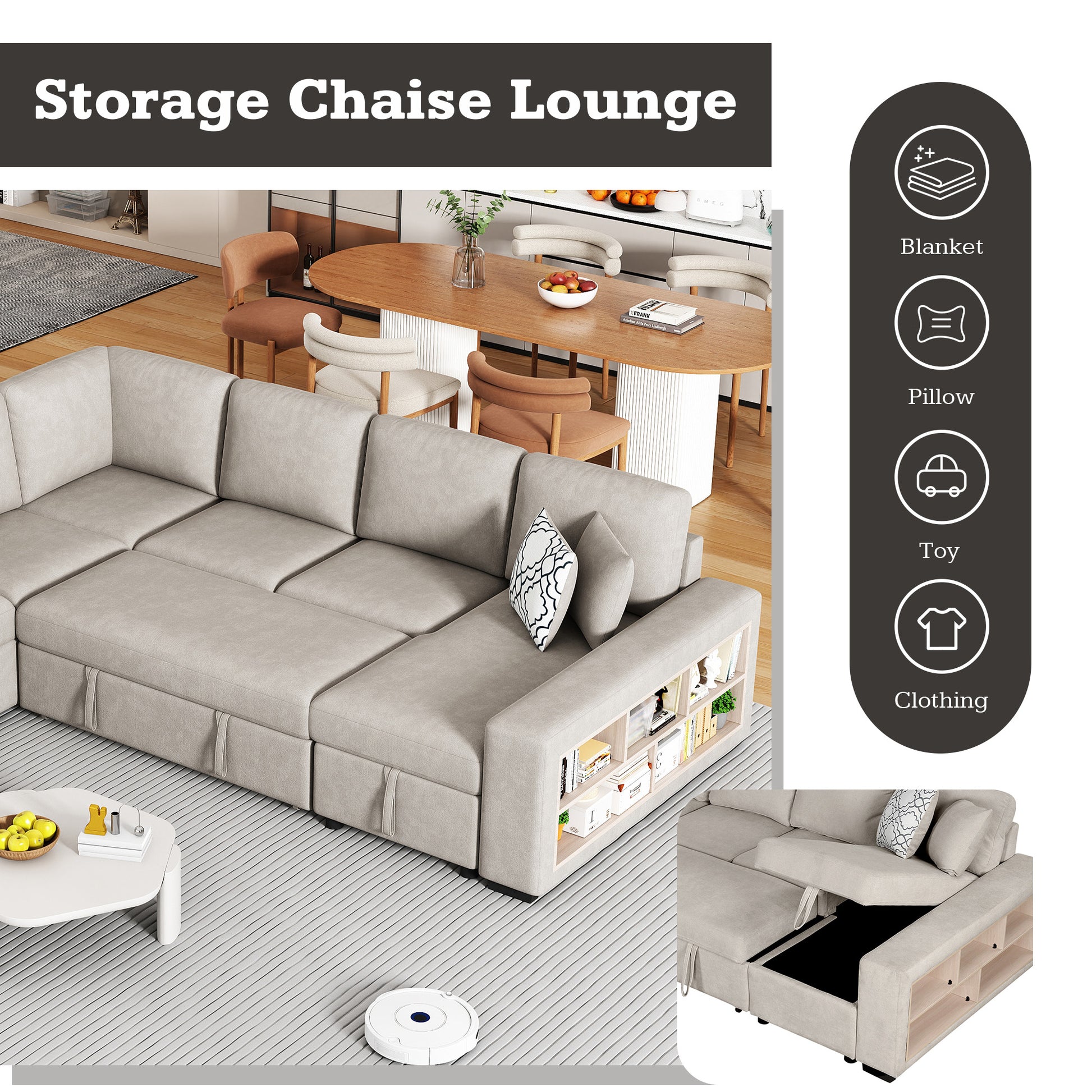 Sectional storage chaise lounge in neutral beige fabric with visible underseat storage