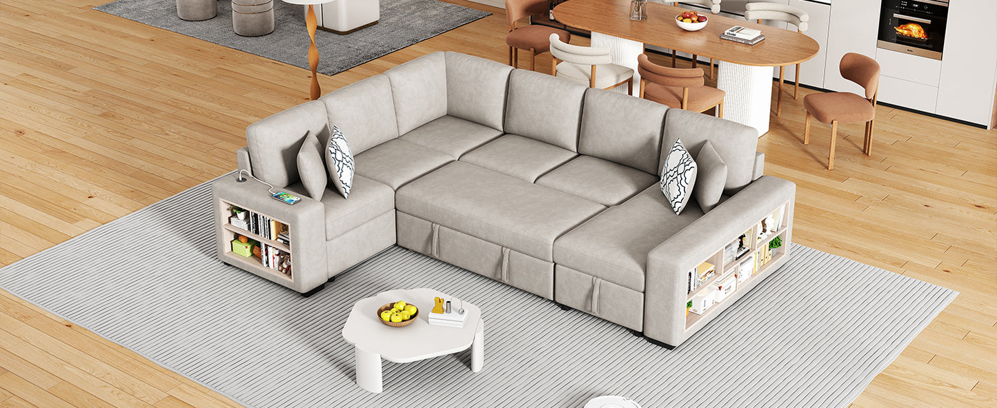 Light gray sectional sofa with builtin storage shelves and charging port