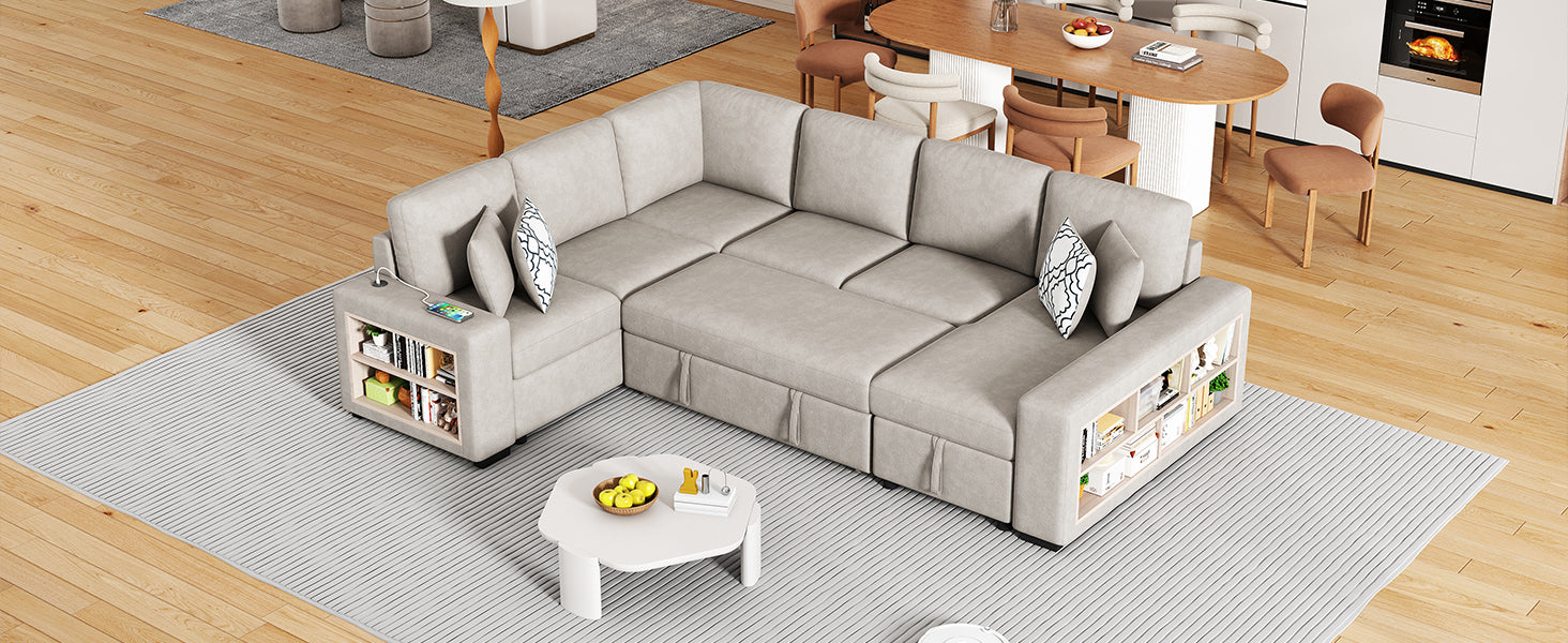 Light gray sectional sofa with builtin storage shelves and charging port