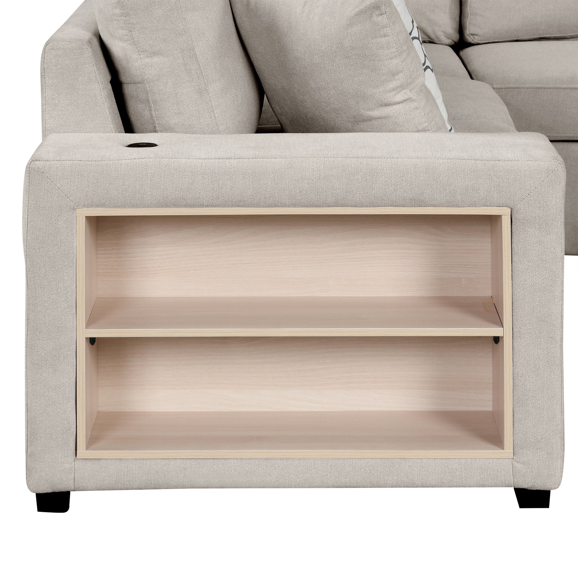 Light gray fabric sectional sofa armrest with builtin twoshelf bookcase