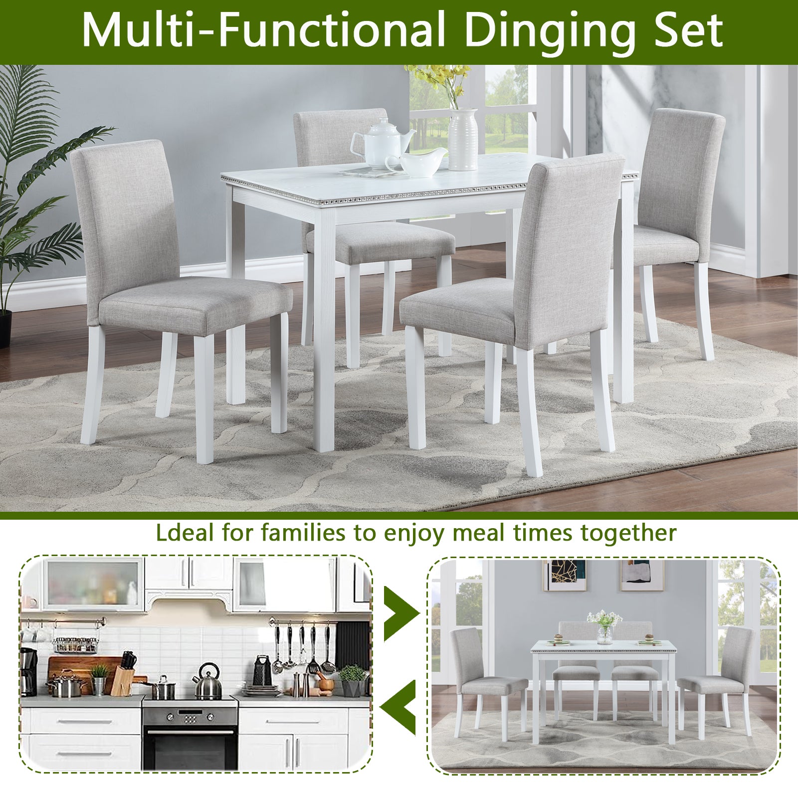 Modern white dining set with four upholstered chairs and decorative trim