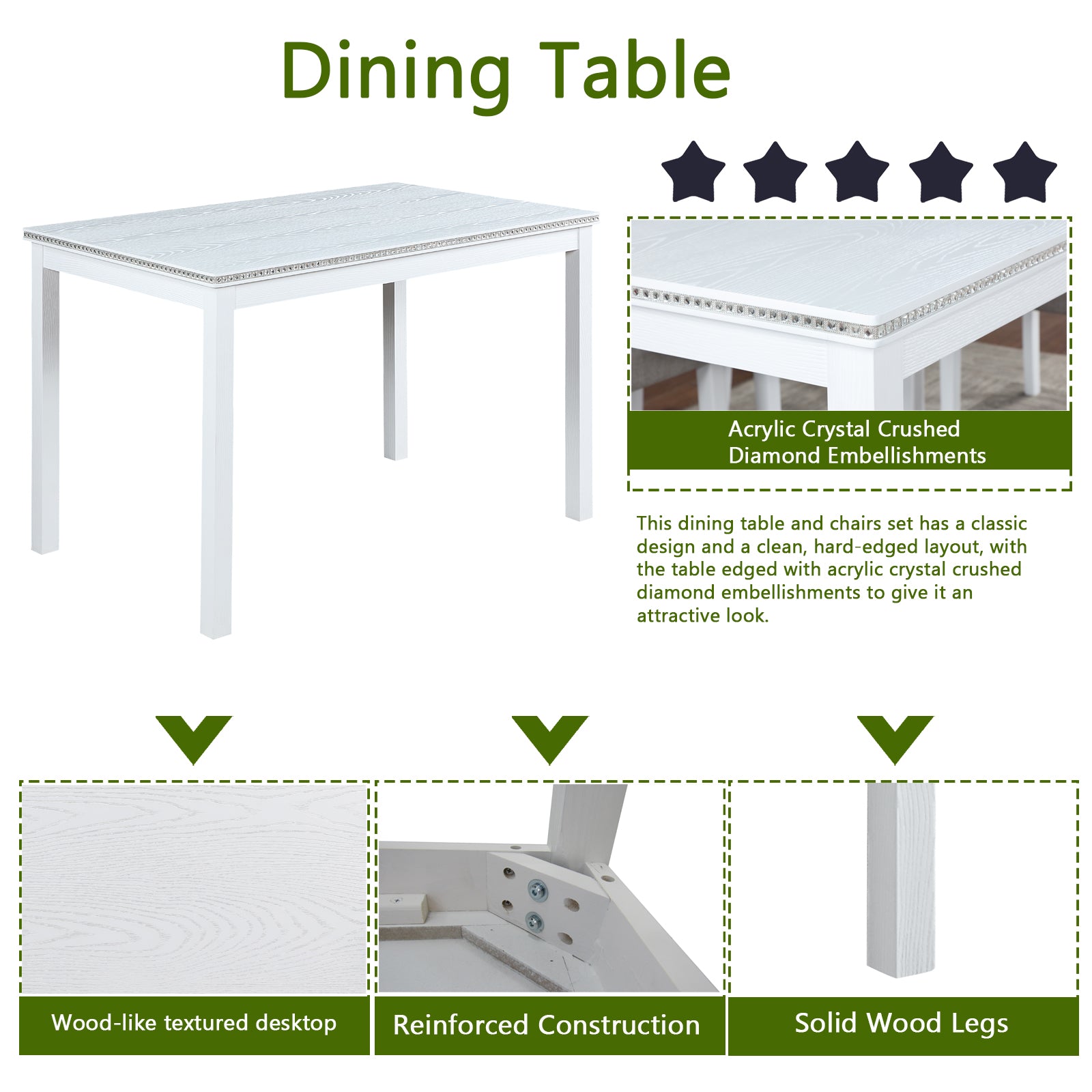 White woodgrain textured dining table with acrylic diamond trim