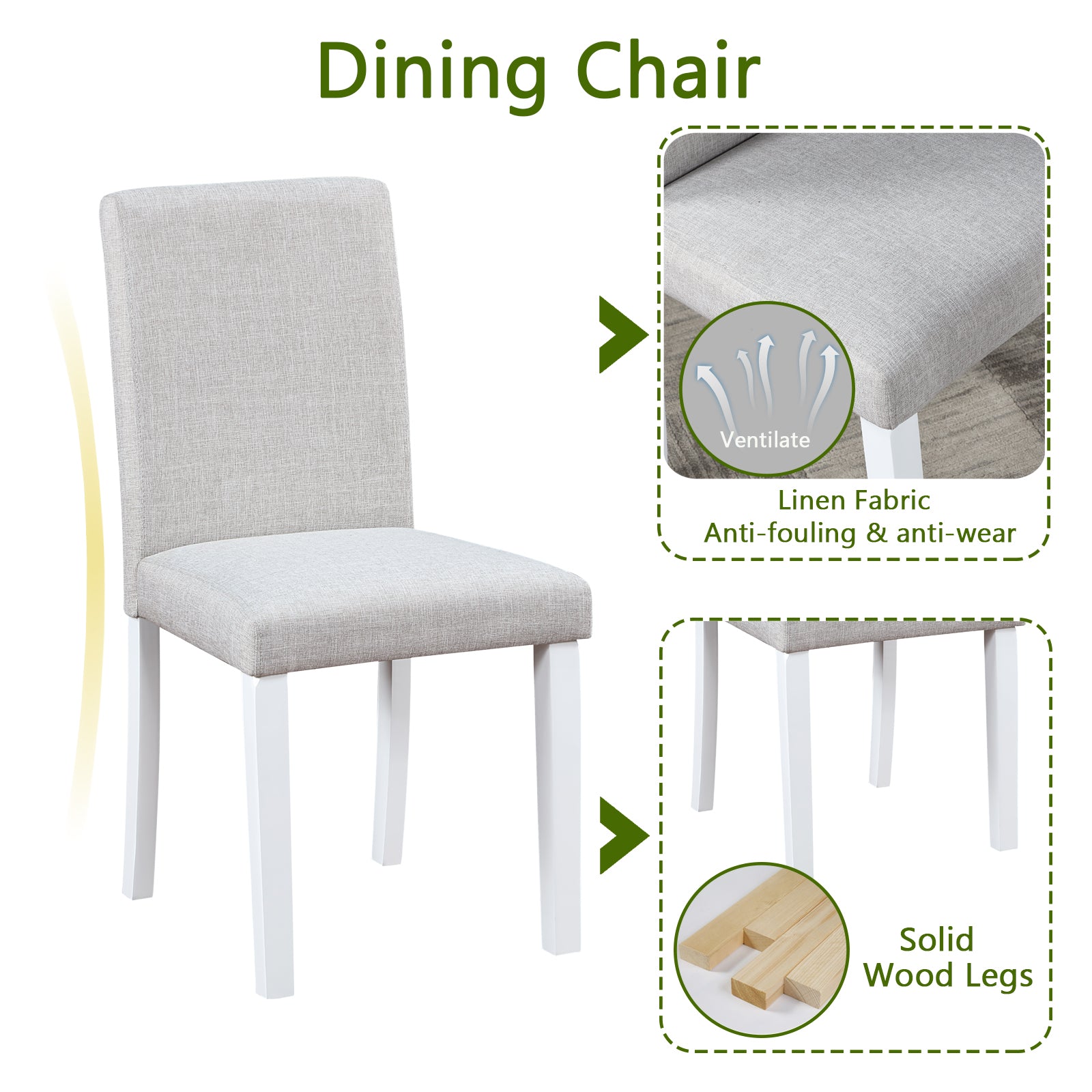 Light grey linen upholstered dining chair with white solid wood legs
