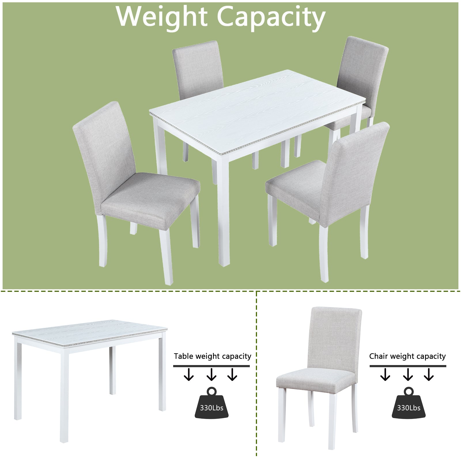 White dining table with grey upholstered chairs and  lbs table weight capacity