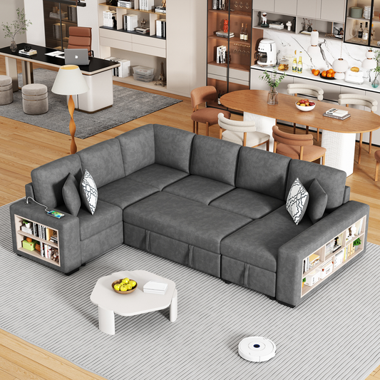 Dark gray sectional sofa with integrated storage shelves and USB charging ports
