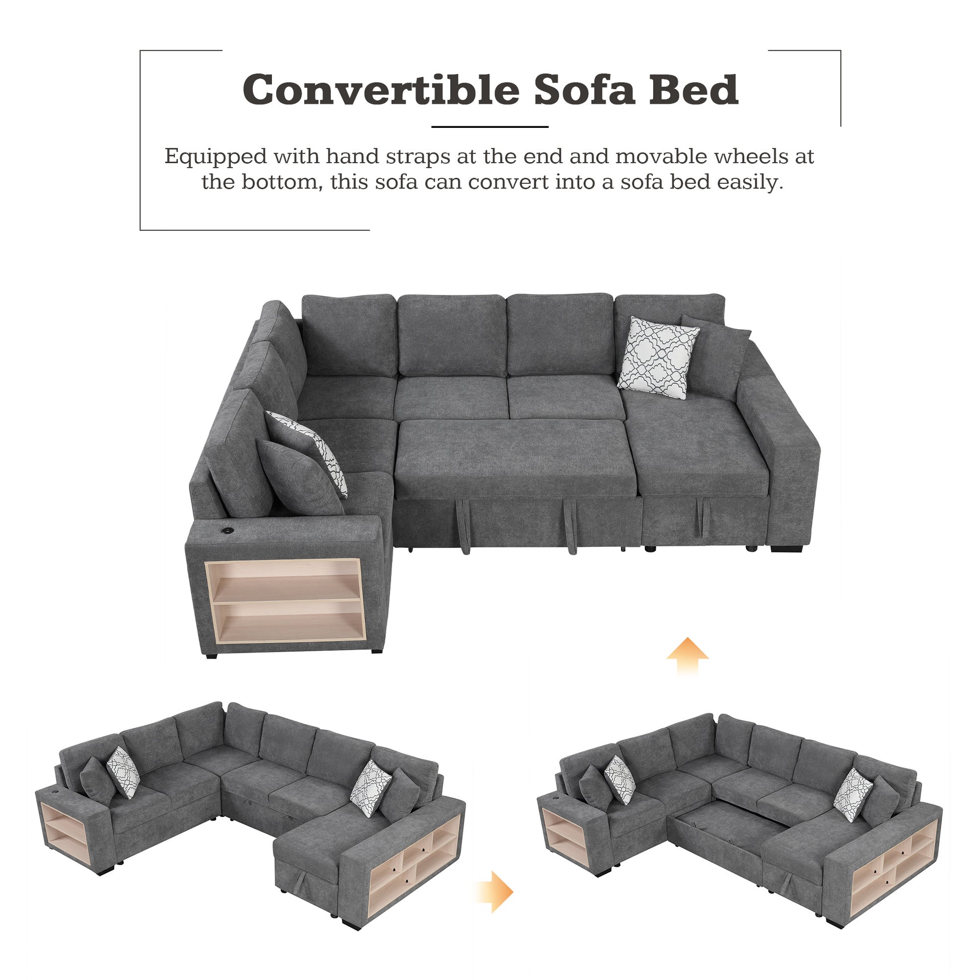 Dark grey fabric sectional convertible sofa bed with builtin storage