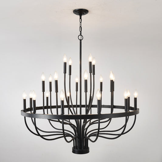Black light candelabra style chandelier with wrought iron arms