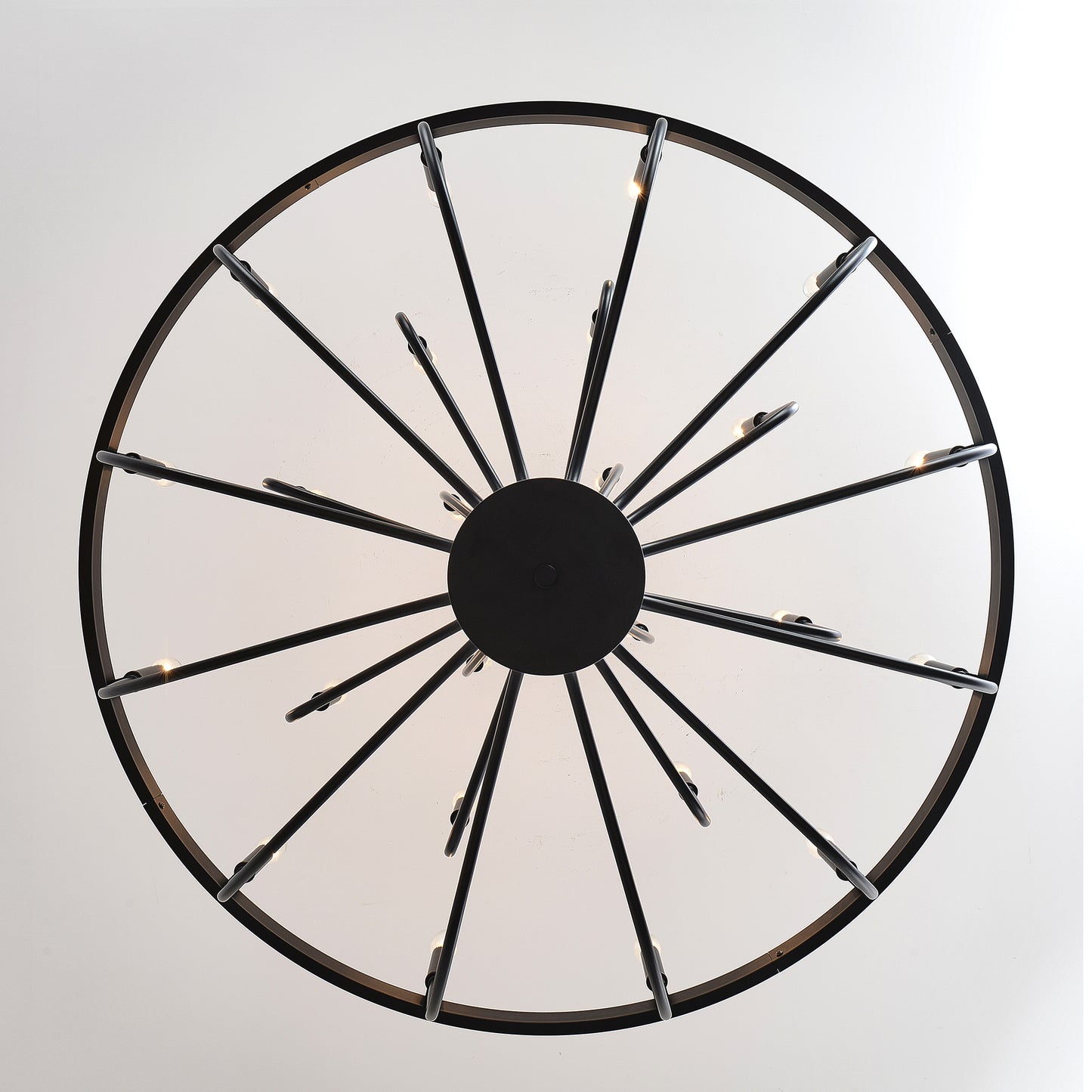 Modern black Sputnik chandelier with radiating arms and exposed bulbs