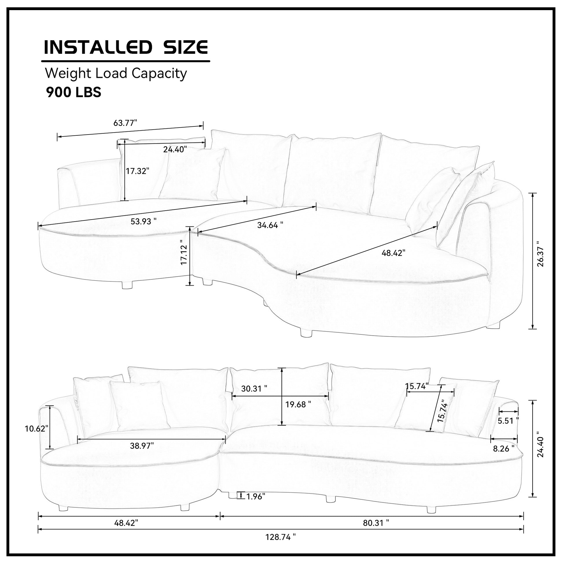 Diagram of a sectional sofa showing installed dimensions  lbs weight capacity