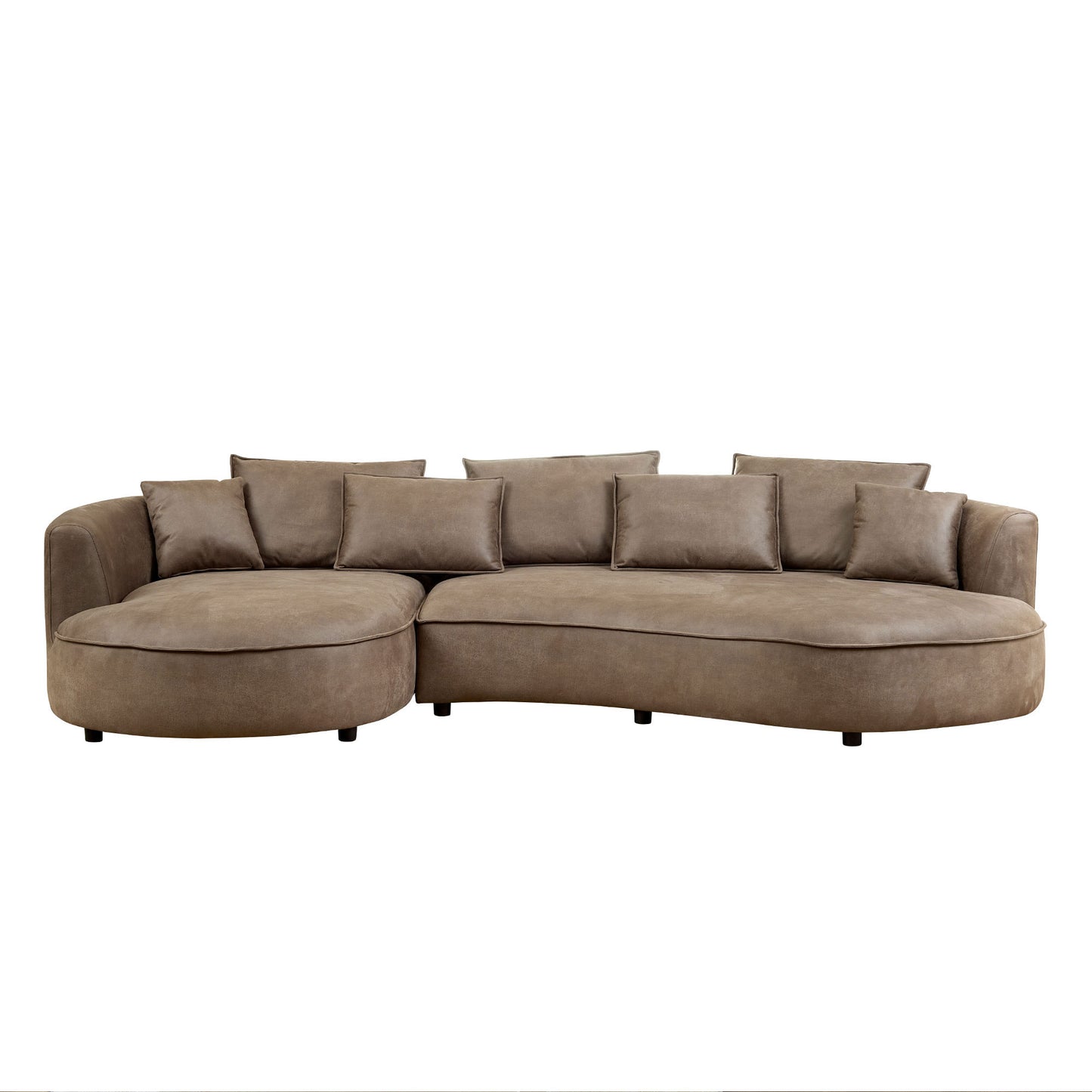 Curved taupe velvet sectional sofa with deep seat cushions and lumbar support for modern living rooms