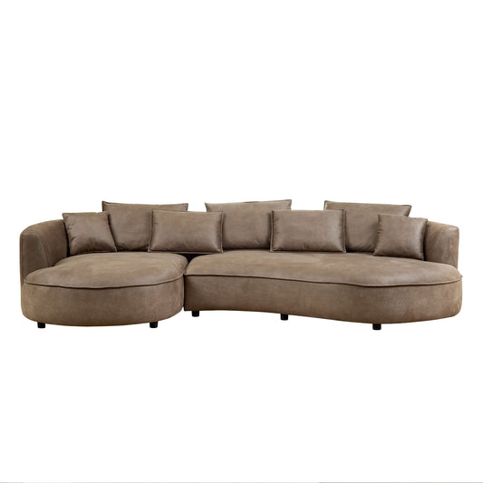 Curved taupe velvet sectional sofa with deep seat cushions and lumbar support for modern living rooms