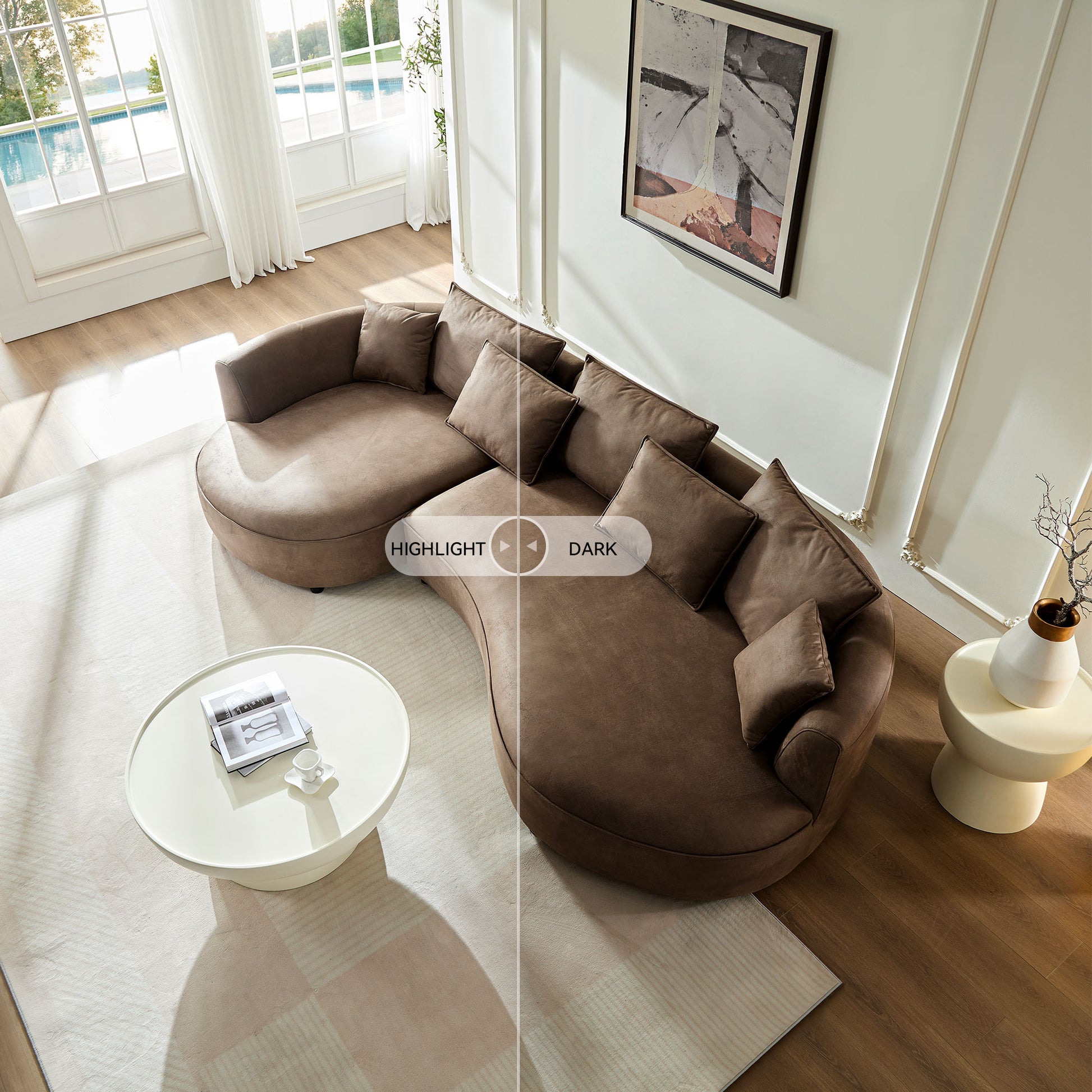 Luxurious brown curved sectional sofa with plush cushions perfect for modern living rooms