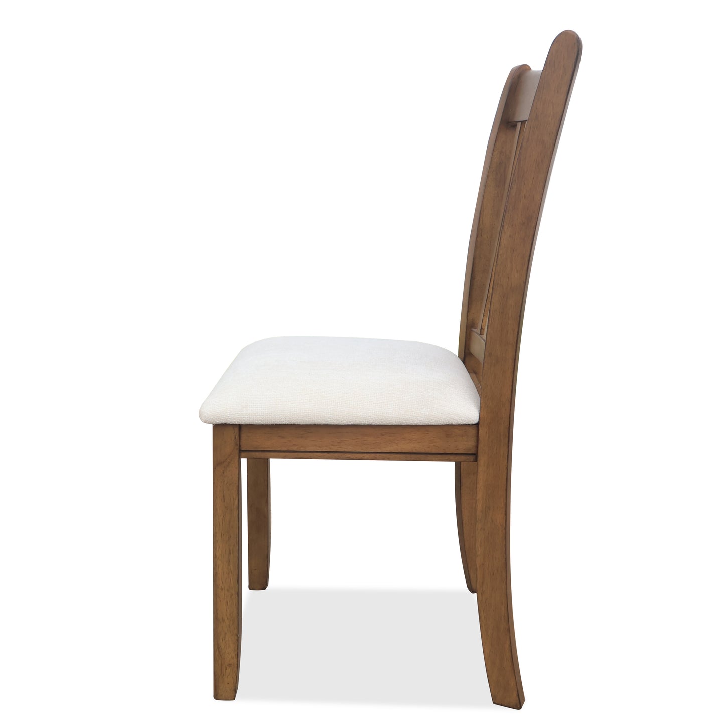 Side view of a wooden dining chair with a cream upholstered seat