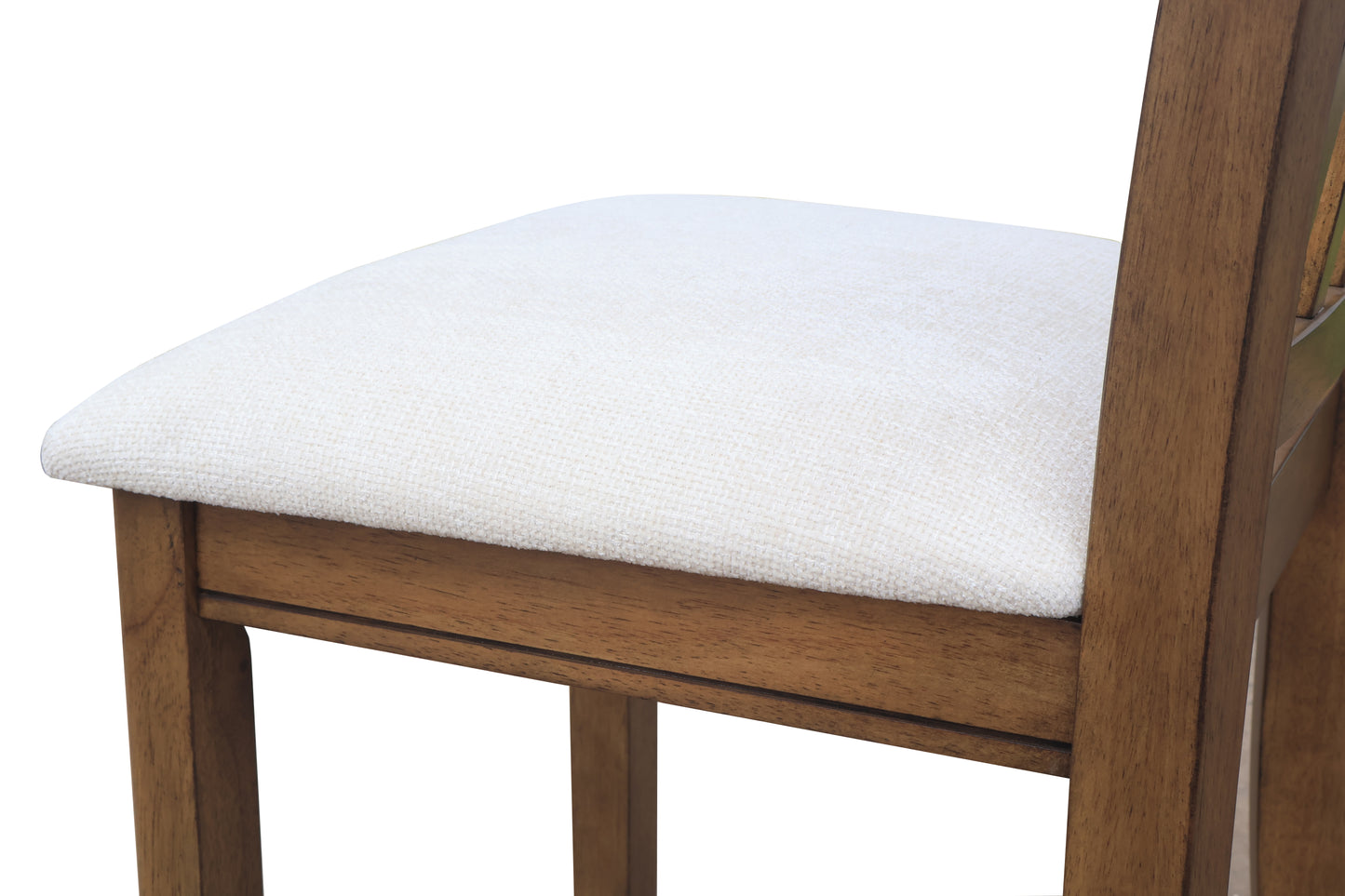 Closeup of a plush white upholstered seat on a wooden chair frame