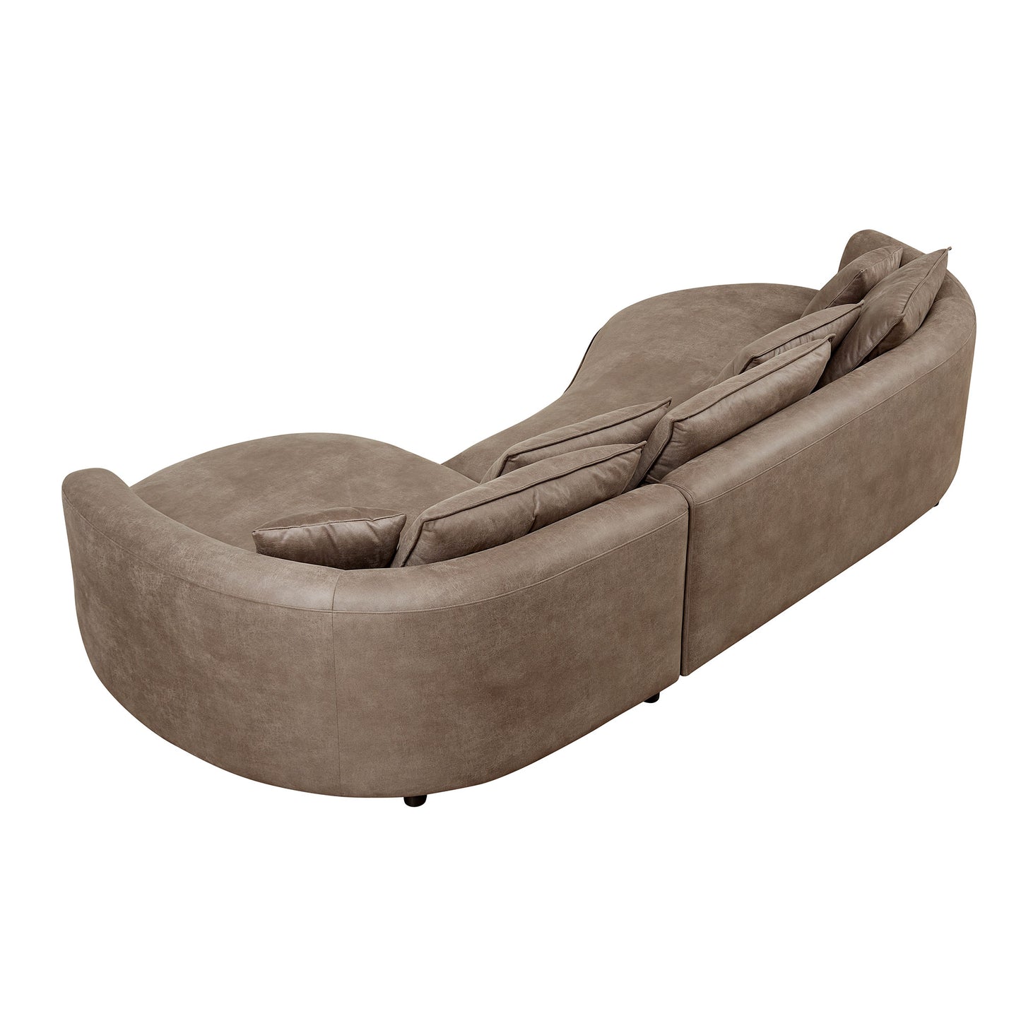 Modern curved sofa in taupe fabric featuring plush cushions and a chaise lounge for ultimate relaxation