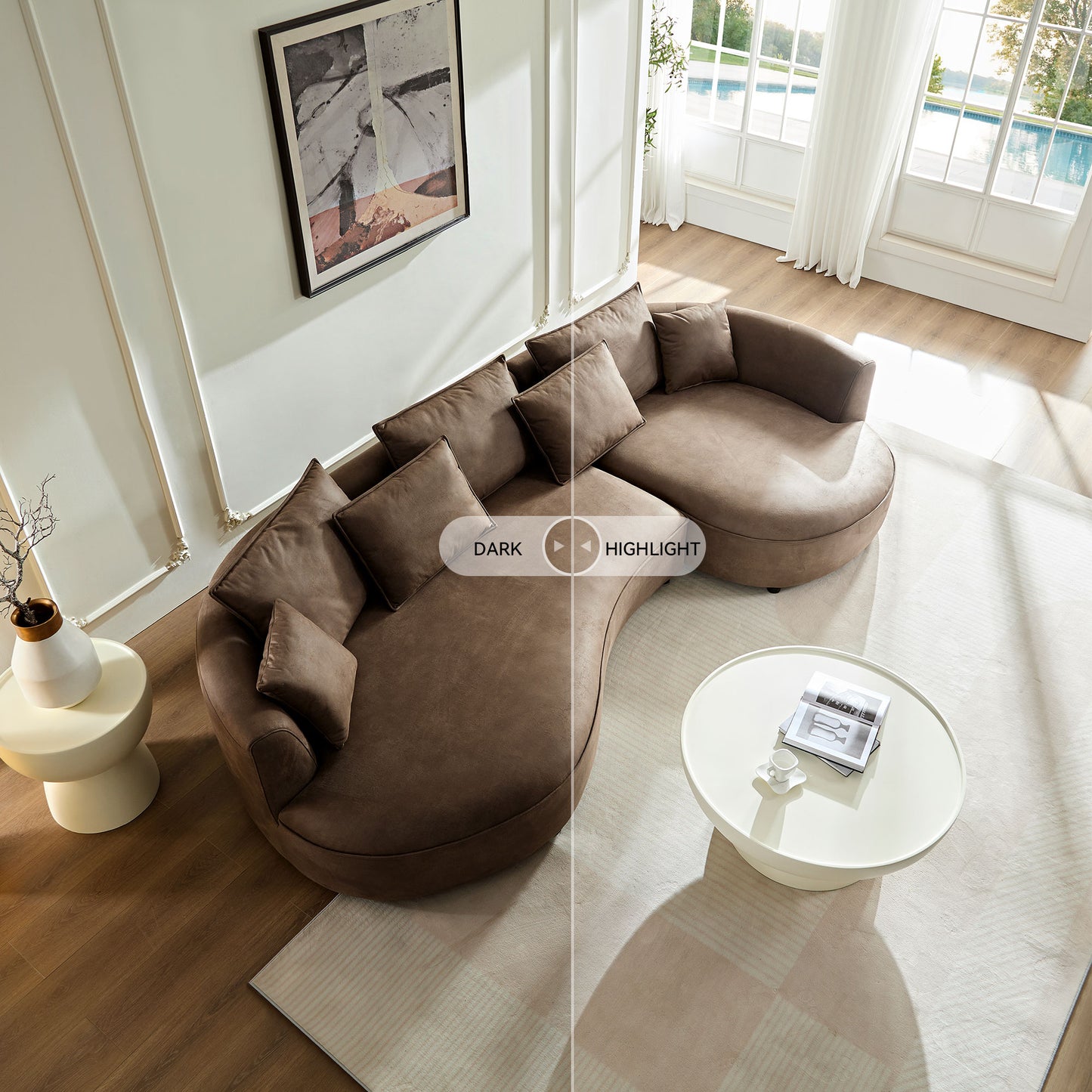 Brown leather sectional sofa with plush cushions arranged in a modern curved design