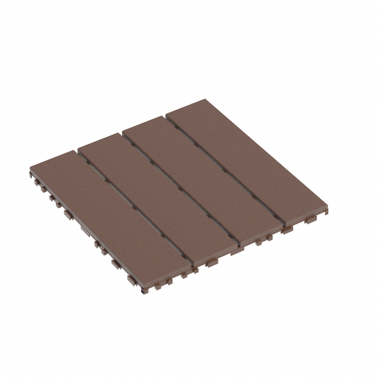 Brown interlocking deck tiles with a wood grain texture perfect for outdoor patios