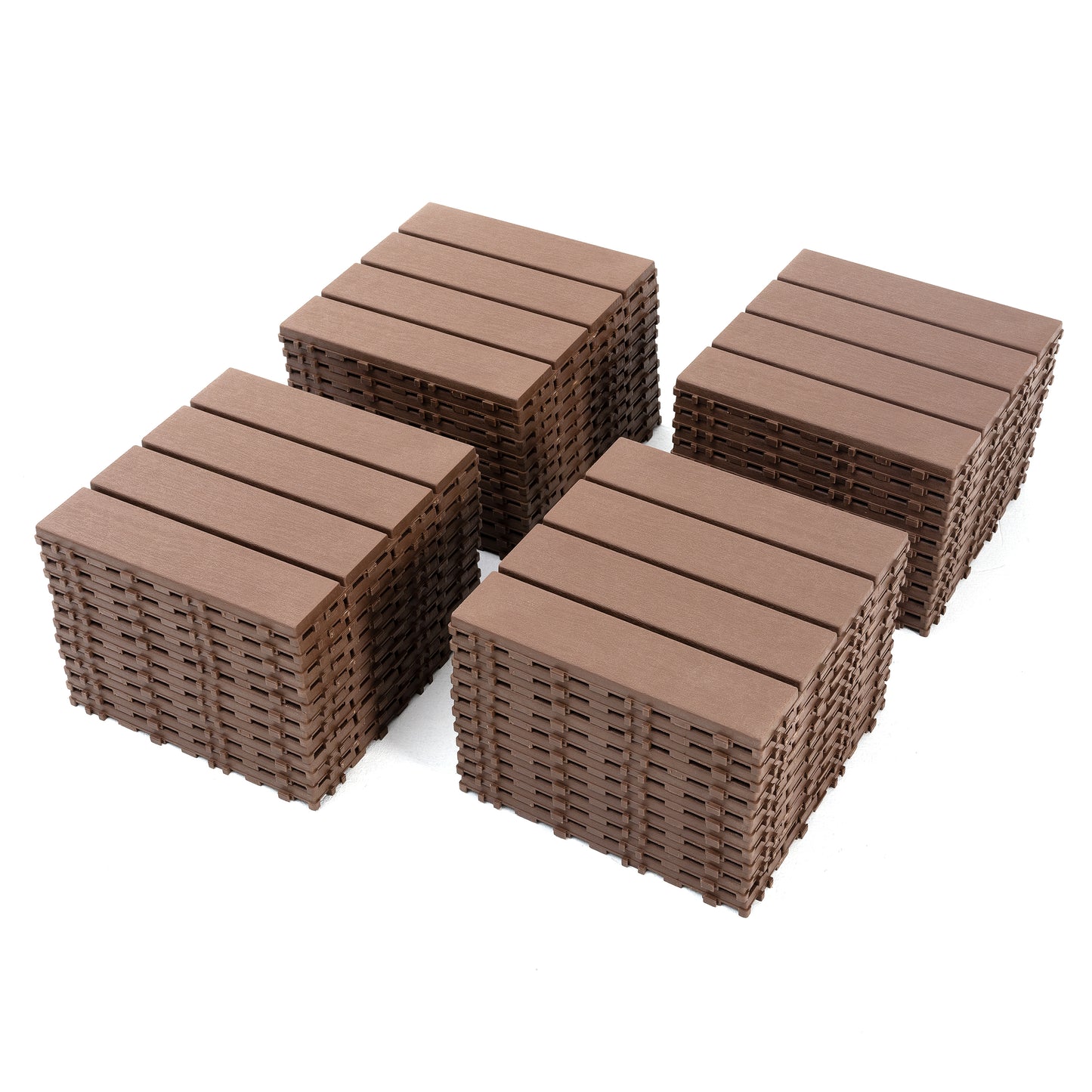 Four stacks of brown interlocking composite deck tiles