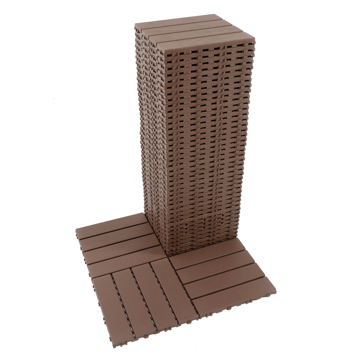 Brown interlocking deck tiles stacked featuring a woodgrain texture for outdoor patios
