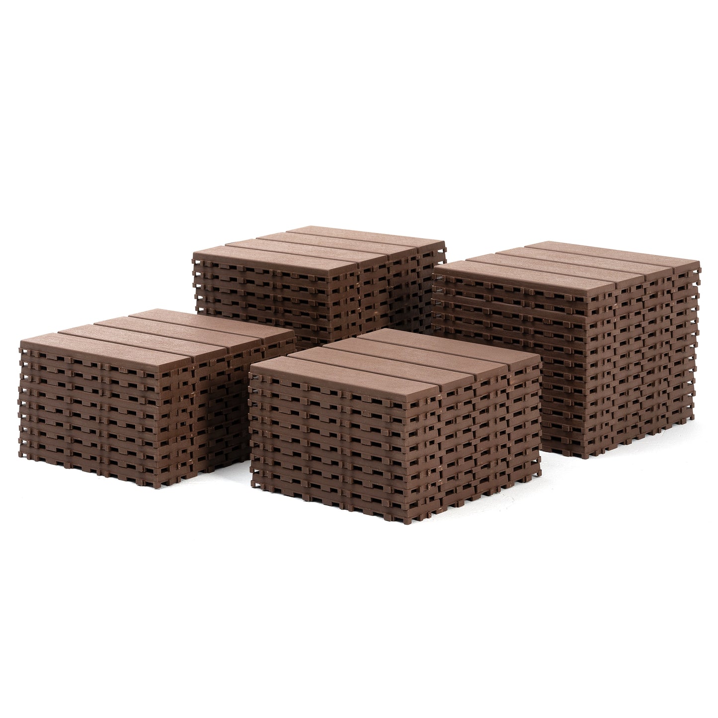 Four stacks of brown interlocking composite deck tiles on a white background