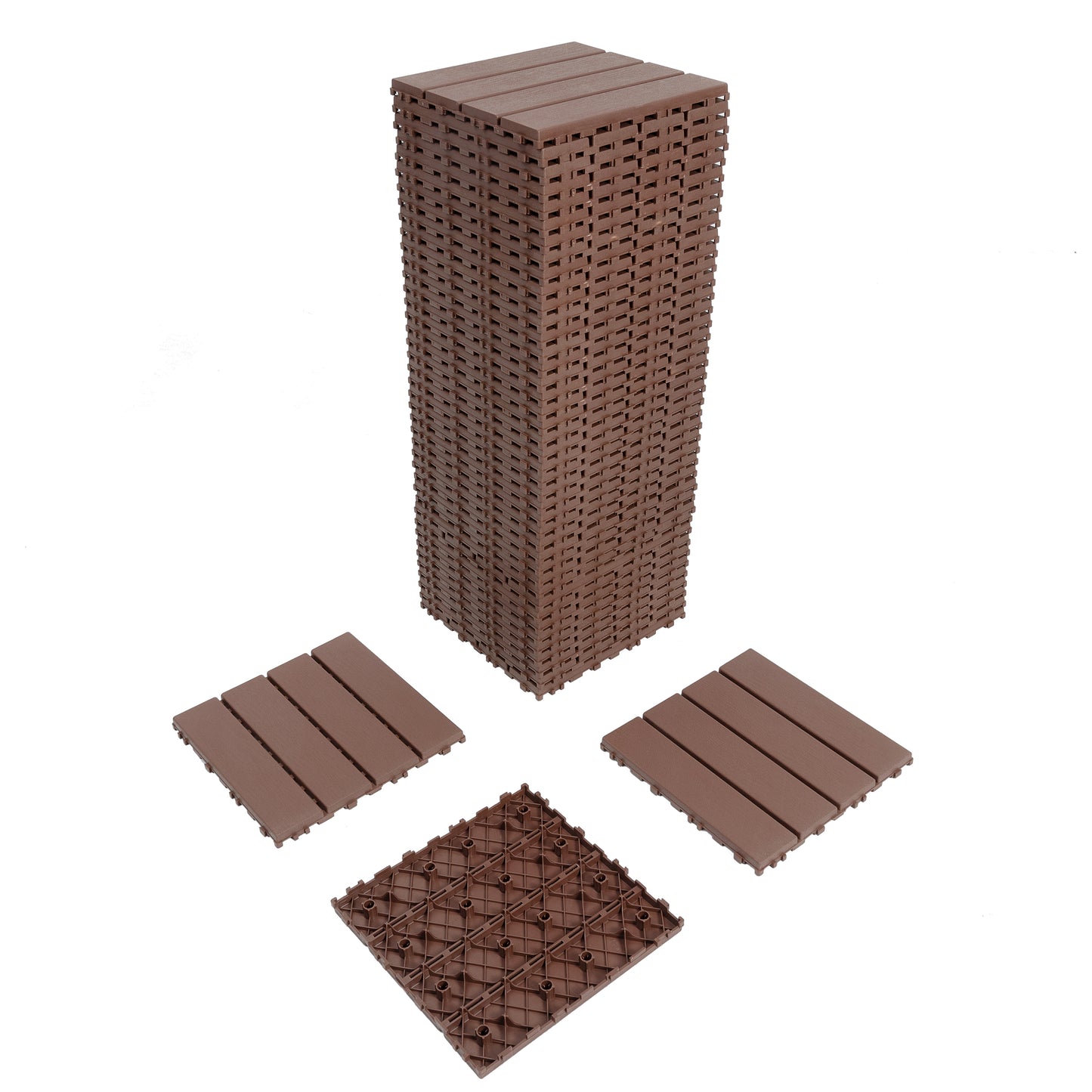 Brown interlocking deck tiles showcasing a stack of  units and three individual tiles for display