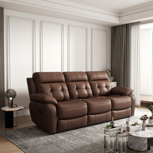 Luxurious brown leather recliner sofa with tufted cushions and ample seating