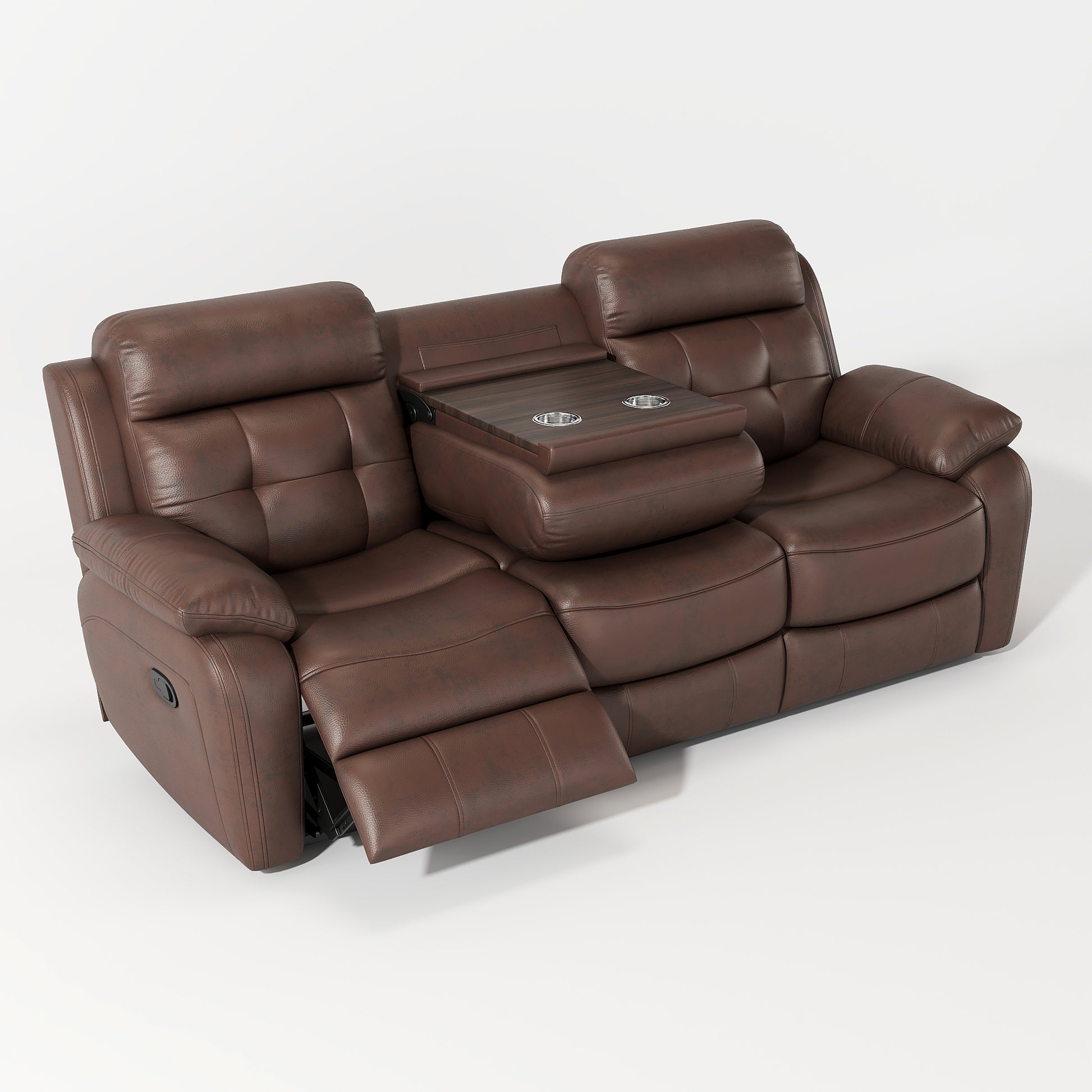 Brown faux leather theater sofa with reclining seats and center console