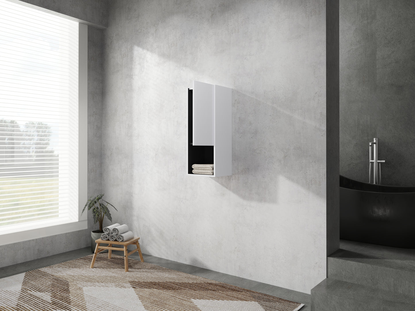 Modern white wallmounted bathroom cabinet with black interior