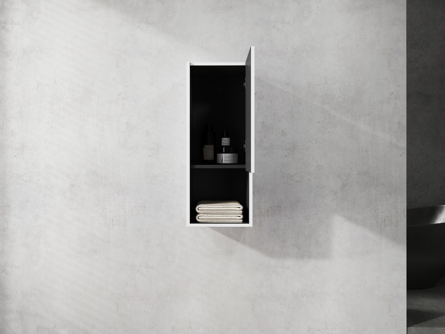 Modern white bathroom cabinet with open door showing skincare products and folded towels