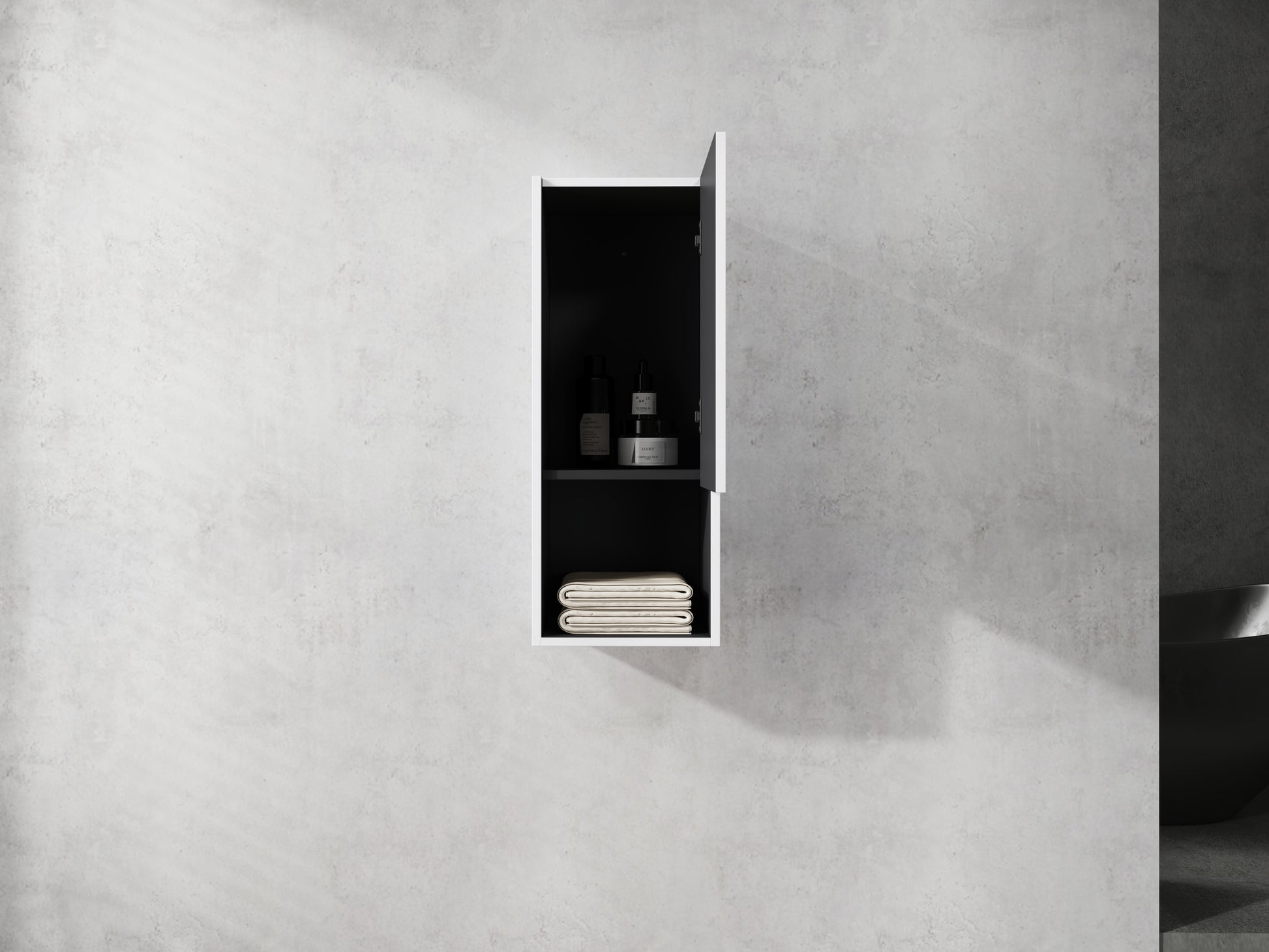 Modern white bathroom cabinet with open door showing skincare products and folded towels