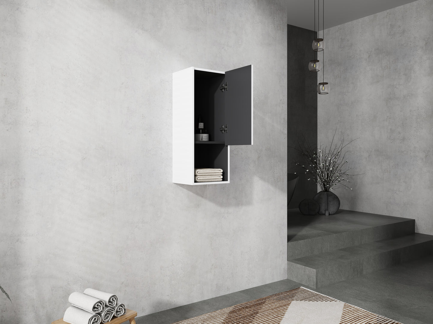 Minimalist white wallmounted bathroom cabinet with open grey door storing toiletries and folded towels