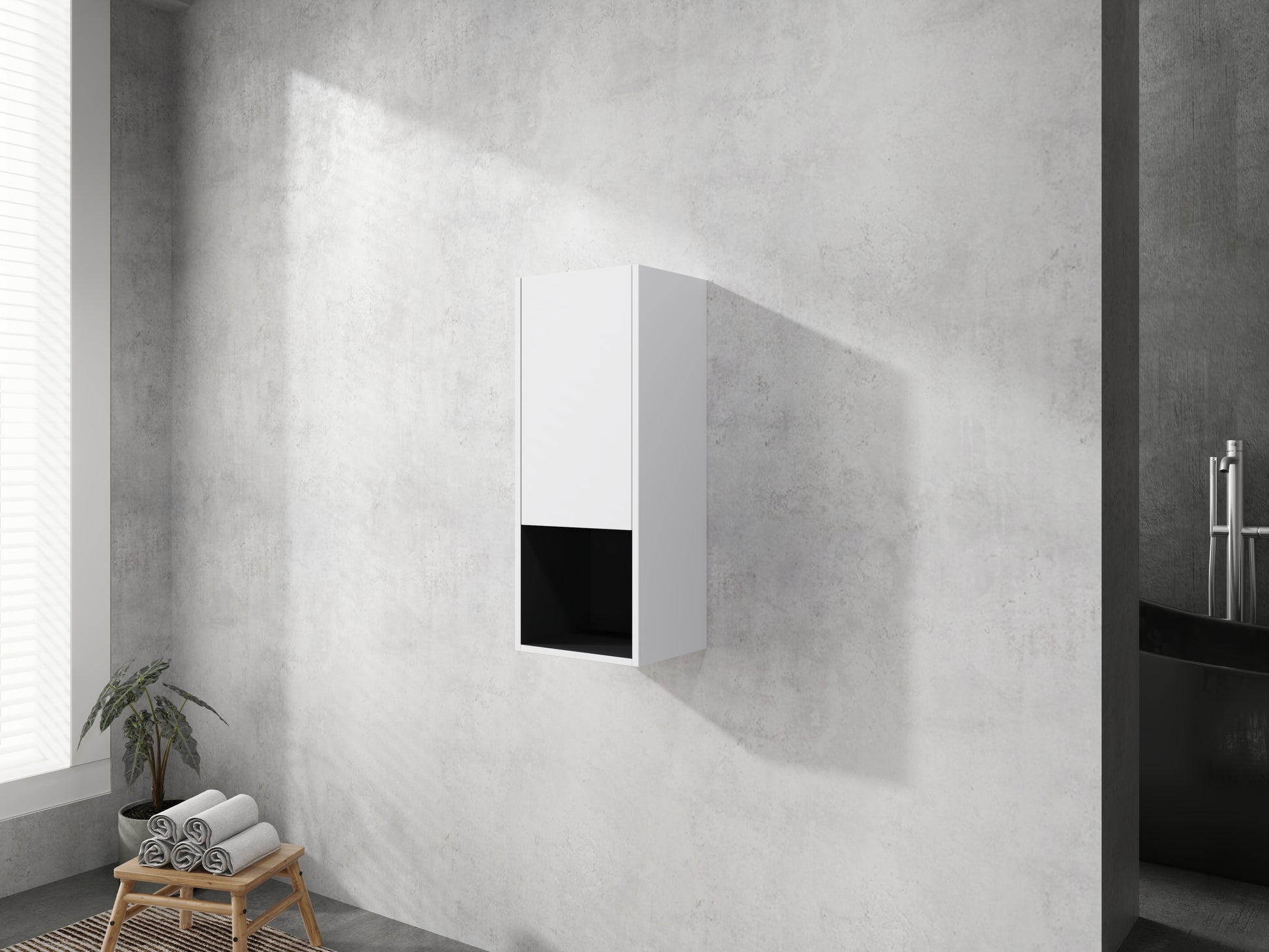 Modern white wallmounted bathroom cabinet with black interior compartment