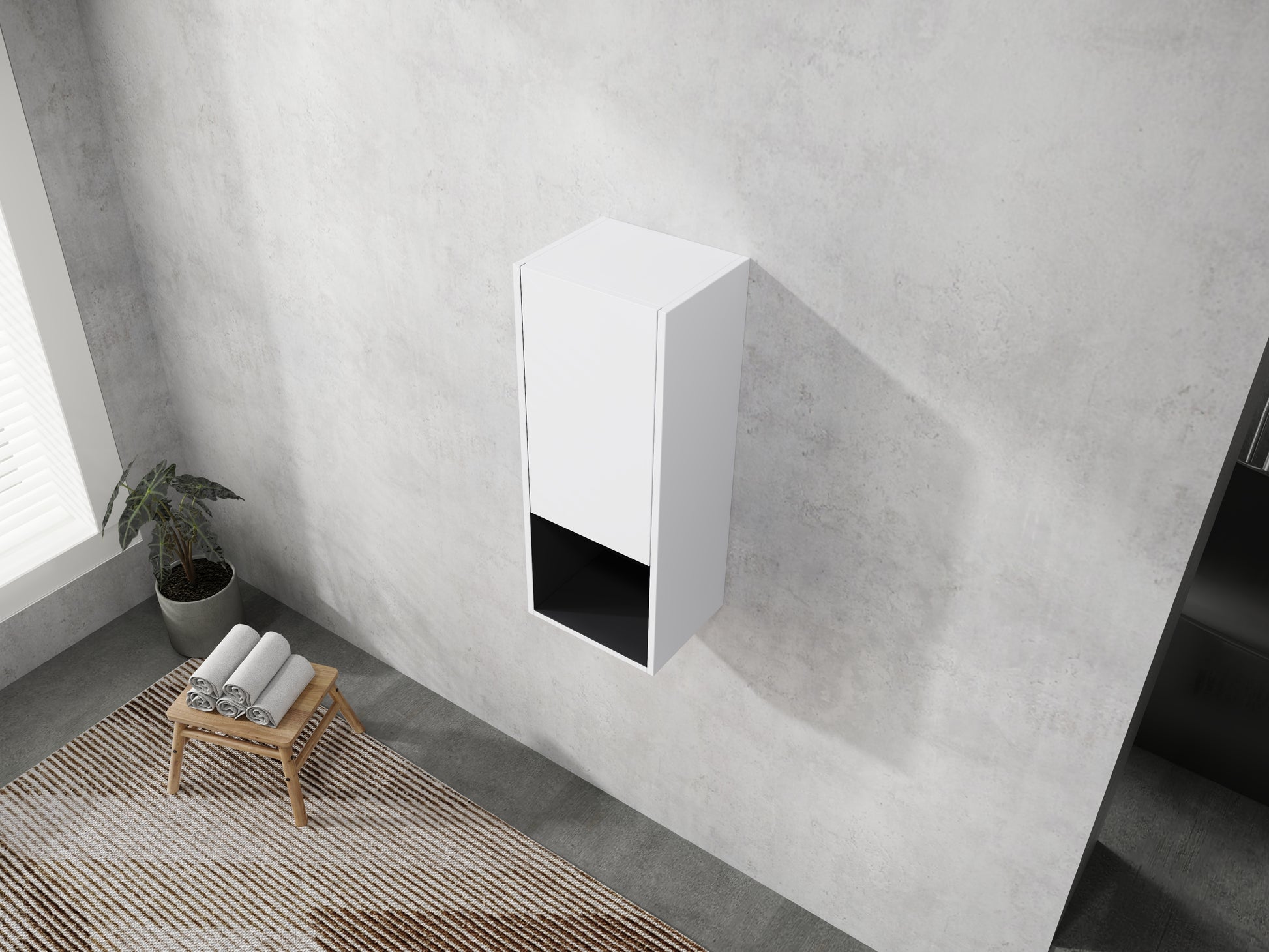Modern white wallmounted bathroom cabinet with black accent shelf